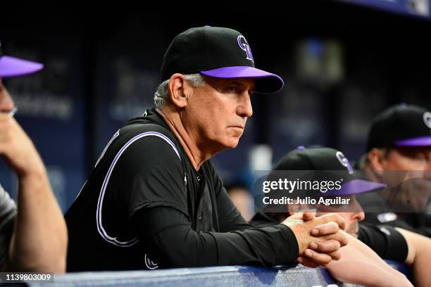 Bud Black of the Colorado Rockies watches gameplay during the fourth inning against the Tampa Bay Rays at Tropicana Field on April 01, 2019 in St...