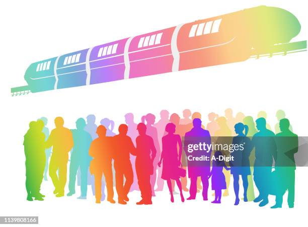 crowded public transport rainbow - multi generations stock illustrations