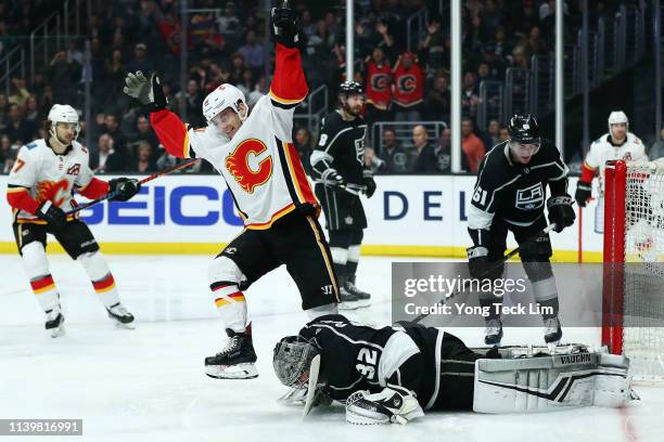 Derek Ryan of the Calgary Flames celebrates after scoring the fifth goal past Jonathan Quick of the Los Angeles Kings during the third period at...