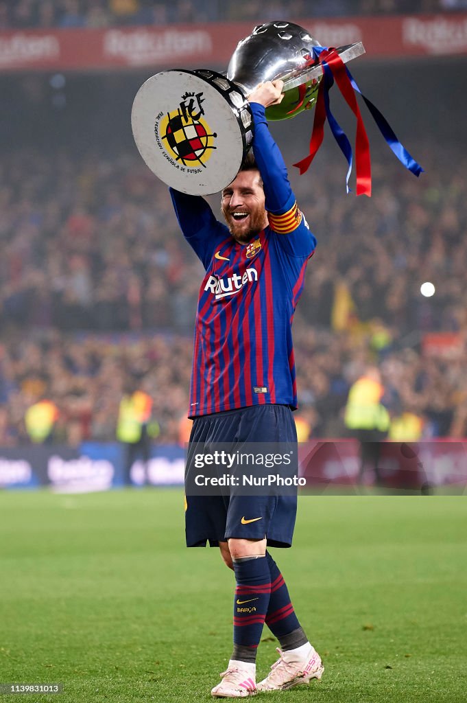 Lionel Messi of Barcelona celebrates after Barcelona won their 26th