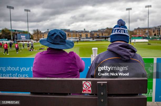 Essex fans keep warm prior to the Royal London One Day Cup match between Essex Eagles and Hampshire at Cloudfm County Ground on April 28, 2019 in...