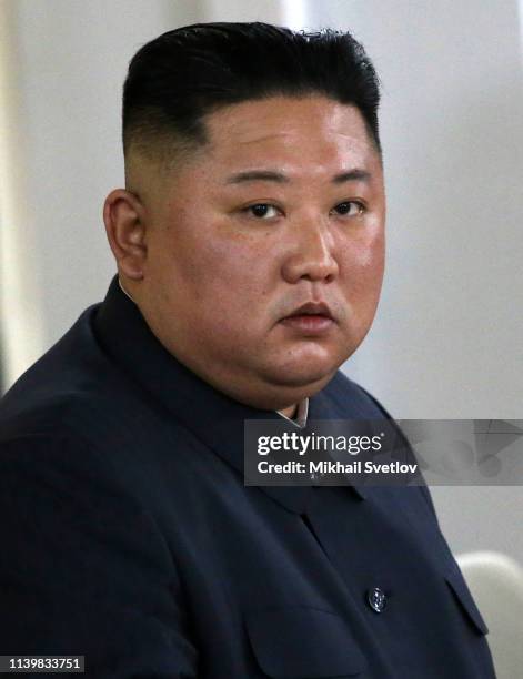 North Korean Leader Kim Jong-un speaks during the Russia - North Korea Summit on April 25, 2019 in Vladivostok, Russia. North Korean Leader Kim...