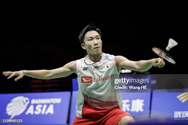 Kento Momota of Japan react during men's singles final match gainst Shi Yuqi of China at the 2019 Badminton Asia Championships on Apirl 28, 2019 in...