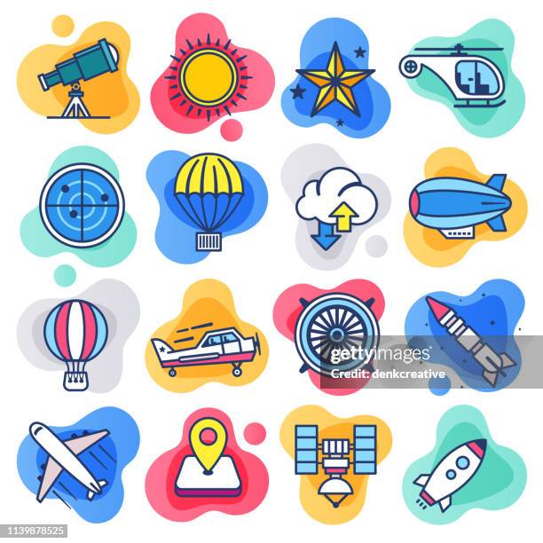 astronautics & aviation centre flat line liquid style vector icon set - weather radar graphic stock illustrations