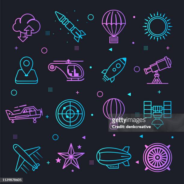 aeronautics & space systems constellation line gradient vector icons set - helicopter stock illustrations