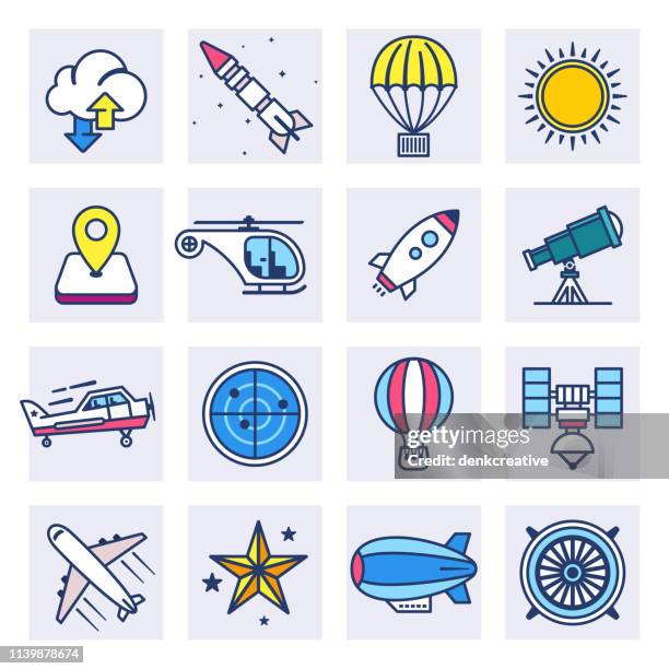 flight training services flat line style vector icon set - flight simulator stock illustrations