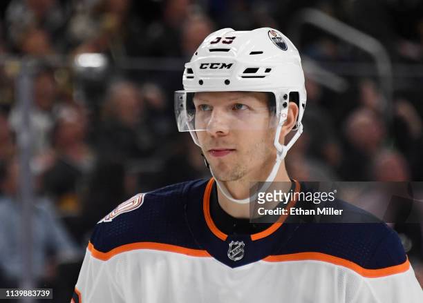 Alex Chiasson of the Edmonton Oilers takes a break during a stop in play in the first period of a game against the Vegas Golden Knights at T-Mobile...
