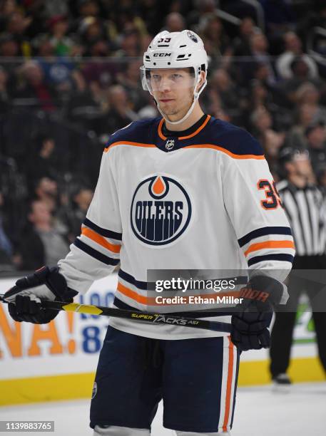 Alex Chiasson of the Edmonton Oilers takes a break during a stop in play in the first period of a game against the Vegas Golden Knights at T-Mobile...