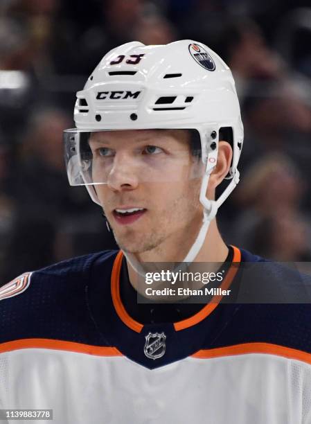 Alex Chiasson of the Edmonton Oilers takes a break during a stop in play in the first period of a game against the Vegas Golden Knights at T-Mobile...