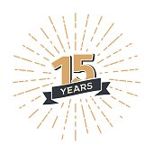 15 th anniversary retro vector emblem isolated template. Vintage icon Fifteen years with ribbon and salute on white background