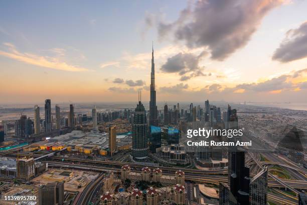 December 23: The aerial view of dubai downtown at Sunset on debember 23, 2018 in Dubai, United Arab Emirates.
