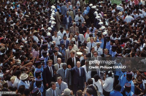 Francois Mitterrand on visit to West Indies, In France On December 04, 1985-French President Francois Mitterrand and Aime Cesaire, mayor of Fort de...