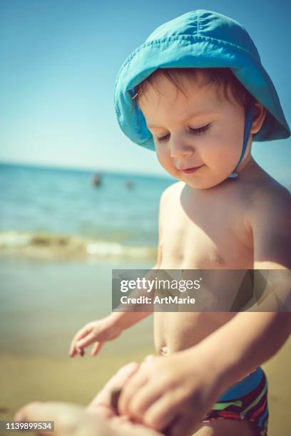 Boy And Shells Boy Searching For Shells At The Beach Photos and Premium High Res ...