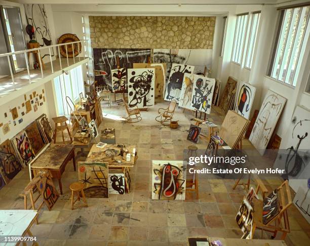 Elevated view of various works arranged in artist Joan Miro's Taller Sert at the Fundacio Miro Mallorca museum, Palma de Mallorca, Spain, 1987.