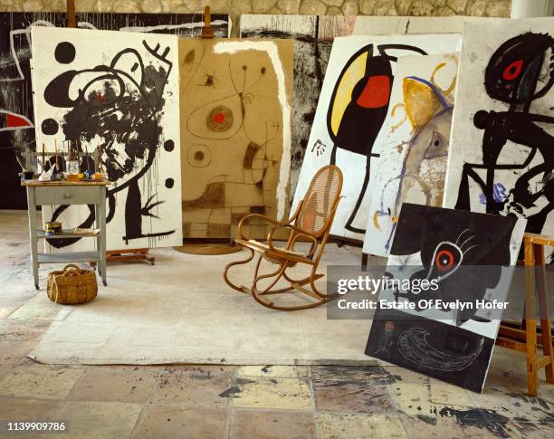 View of various works arranged in artist Joan Miro's Taller Sert at the Fundacio Miro Mallorca museum, Palma de Mallorca, Spain, 1987.