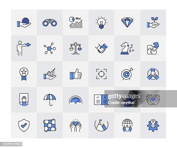 core values flat line icons set - mission statement stock illustrations