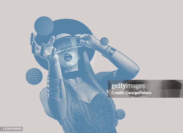 beautiful young woman using virtual reality simulator and reaching - holding game controller stock illustrations