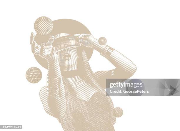 beautiful young woman using virtual reality simulator and reaching - augmented reality stock illustrations