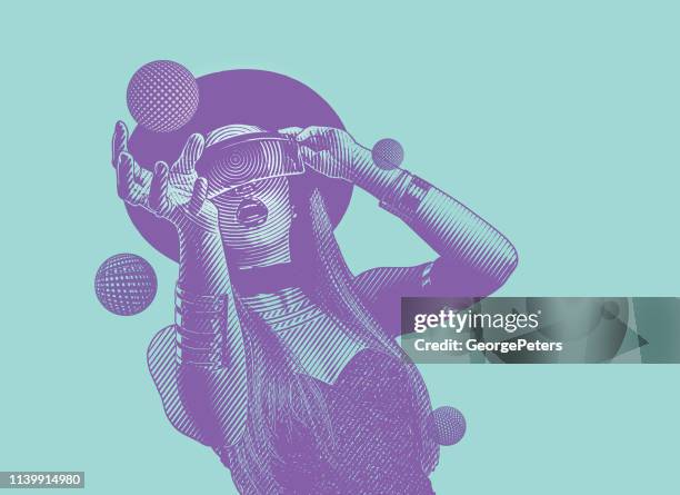 beautiful young woman using virtual reality simulator and reaching - holding game controller stock illustrations