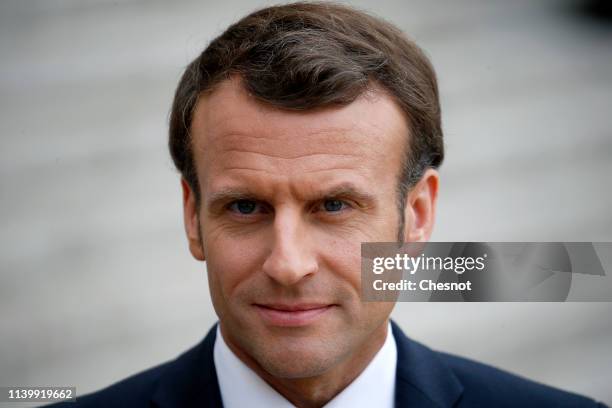 French President Emmanuel Macron looks on prior to a meeting with Prime Minister of the Republic of Ireland Leo Varadkar at the Elysee Presidential...