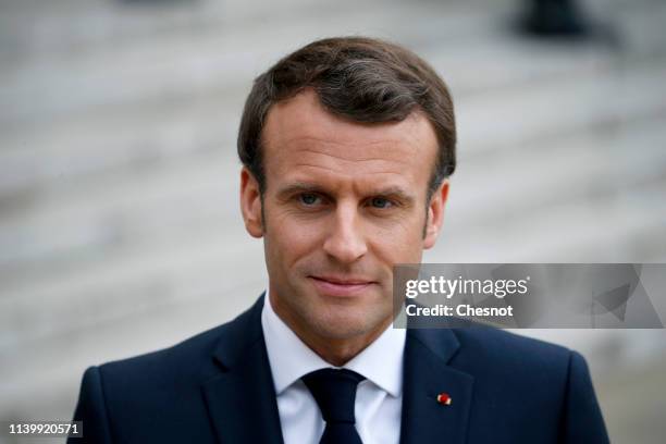 French President Emmanuel Macron looks on prior to a meeting with Prime Minister of the Republic of Ireland Leo Varadkar at the Elysee Presidential...