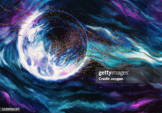 abstract power universe space eart planet fine art with glittered stars. digital illustration imitating oil painting on canvas - awards night fotografías e imágenes de stock