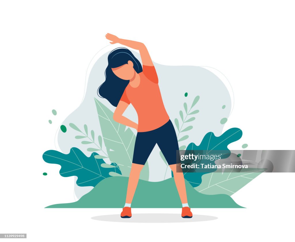 Happy woman exercising in the park. Vector illustration in flat style, concept illustration for healthy lifestyle, sport, exercising.
