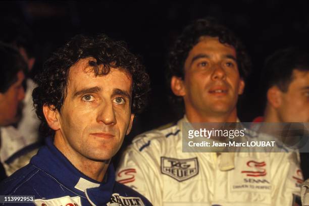 Master karting indoor in Bercy in Paris, France on December 19, 1993-Alain Prost and Ayrton Senna.