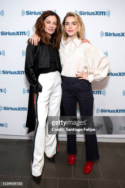 Michelle Gomez and Kiernan Shipka visit SiriusXM Studios on April 02, 2019 in New York City.