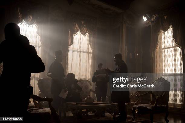 Actor Bahadir Yenisehirlioglu and Bulent Inal rehearse before a scene on the set of Turkish TV drama series "Payitaht Abdulhamid" produced by TRT on...