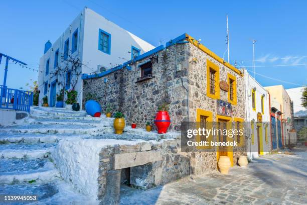 traditional houses in downtown kos greece - stone-house stock pictures, royalty-free photos & images