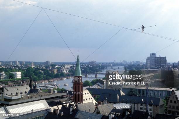 The tightrope walker Philippe Petit at Frankfurt church St Paul /the cathedral in Frankfurt, Germany on June 12, 1994.