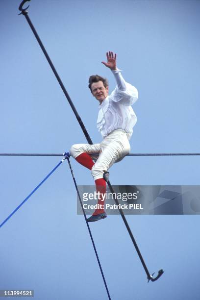 The tightrope walker Philippe Petit at Frankfurt church St Paul /the cathedral in Frankfurt, Germany on June 12, 1994.