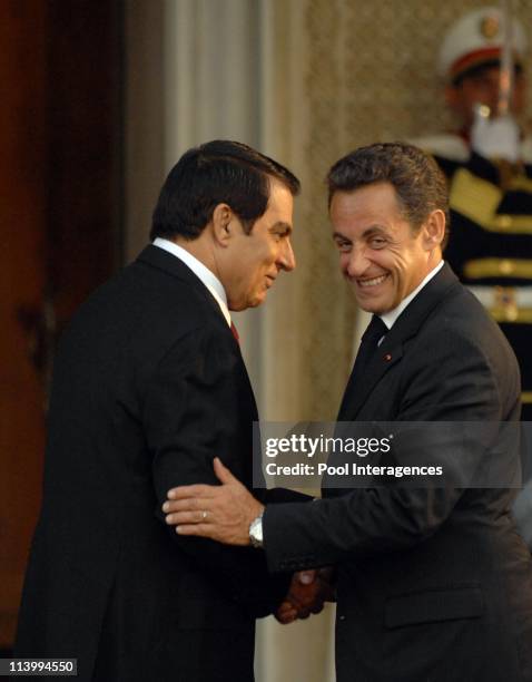 Zine el Abidine Ben Ali welcomes Nicolas Sarkozy In Tunis, Tunisia On July 10, 2007-Zine el Abidine Ben Ali and Nicolas Sarkozy. Tunisia President...