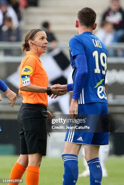 First woman ro referee a Ligue 1 match Stephanie Frappart, Anthony Caci of Strasbourg during the French Ligue 1 match between Amiens SC and RC...