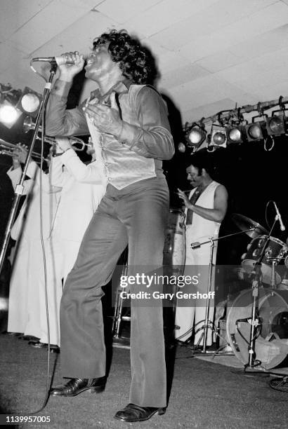 American Soul and R&B singer James Brown performs on stage at My Father's Place, Roslyn, New York, May 25, 1980.