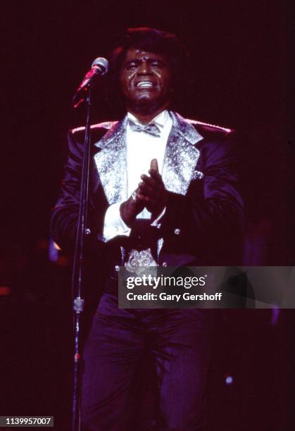 American Soul and R&B singer James Brown performs on stage at Radio City Music Hall, New York, New York, January 29, 1986.