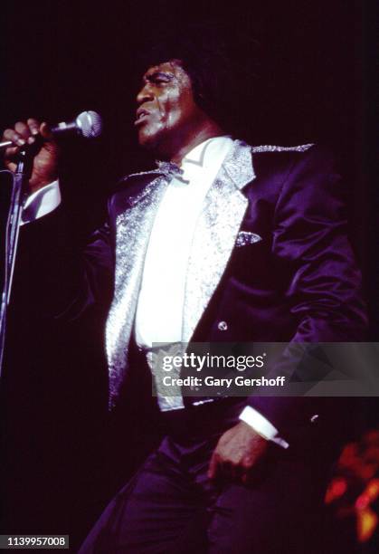 American Soul and R&B singer James Brown performs on stage at Radio City Music Hall, New York, New York, January 29, 1986.