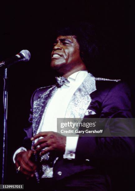 American Soul and R&B singer James Brown performs on stage at Radio City Music Hall, New York, New York, January 29, 1986.