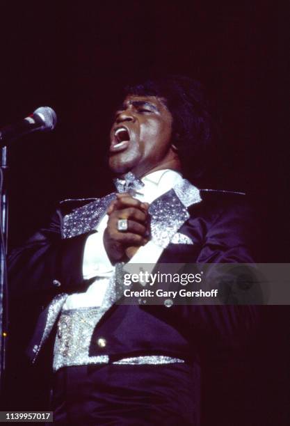 American Soul and R&B singer James Brown performs on stage at Radio City Music Hall, New York, New York, January 29, 1986.