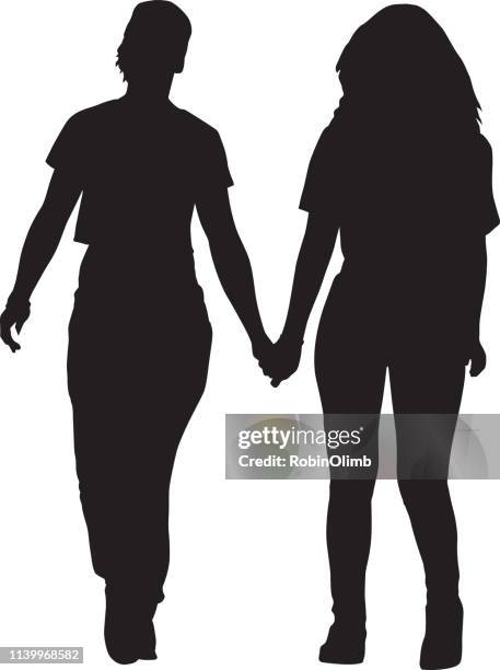 ilustraciones, imágenes clip art, dibujos animados e iconos de stock de dos mujeres jóvenes que caminan de la mano silueta - gay couple