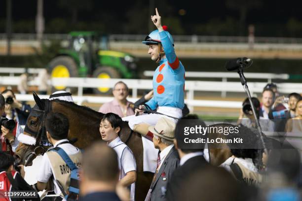 Christophe Lemaire riding Almond Eye wins the Dubai Turf during the Dubai World Cup Day at Meydan Racecourse on March 30, 2019 in Dubai, United Arab...