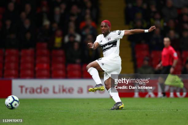 Ryan Babel of Fulham scores his team's first goal during the Premier League match between Watford FC and Fulham FC at Vicarage Road on April 02, 2019...