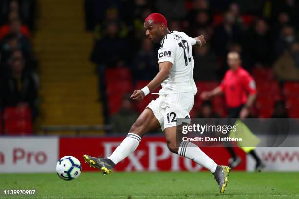 Ryan Babel of Fulham scores his team's first goal during the Premier League match between Watford FC and Fulham FC at Vicarage Road on April 02, 2019...