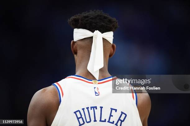 The headband of Jimmy Butler of the Philadelphia 76ers is seen during the game against the Minnesota Timberwolves on March 30, 2019 at the Target...