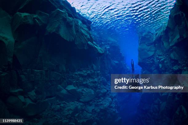 freediver, silfra, iceland - free diving stock pictures, royalty-free photos & images