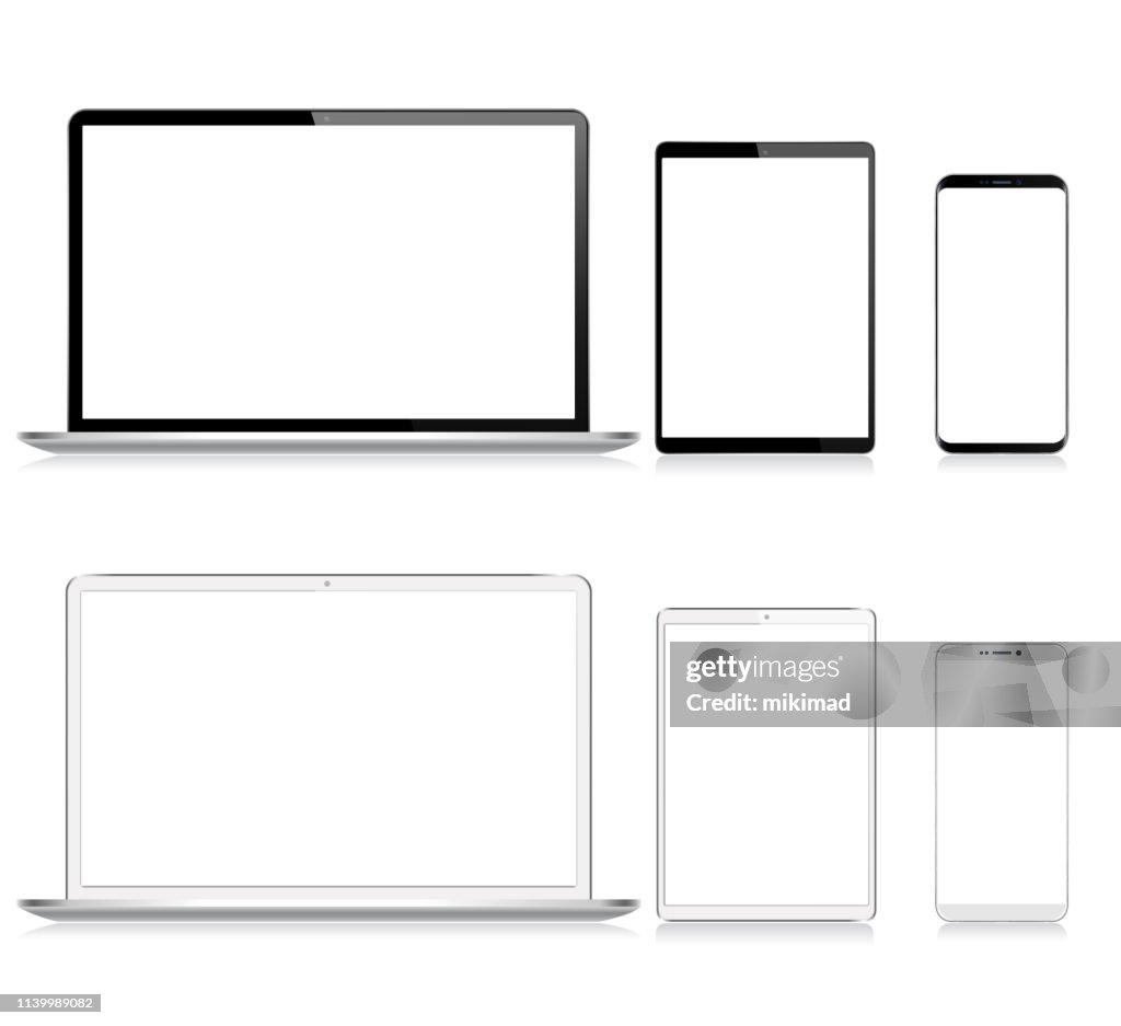 Realistisches Vector Digital Tablet, Handy, Smart Phone und Laptop. Moderne digitale Geräte. Schwarz-Weiß-Farbe