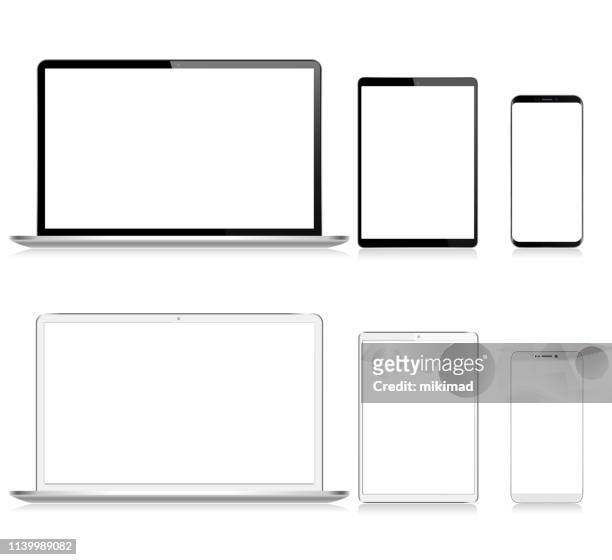 illustrazioni stock, clip art, cartoni animati e icone di tendenza di tablet digitale vettoriale realistico, telefono cellulare, smartphone e laptop. dispositivi digitali moderni. colore bianco e nero - attrezzatura