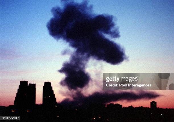Explosion smoke over belgrade after NATO bombed Zvezdara In Belgrade, Yugoslavia On May 31, 1999 .