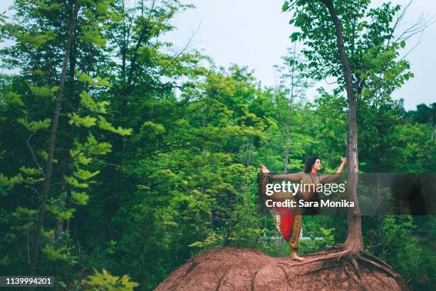 woman doing dancer pose in forest - harem pants imagens e fotografias de stock